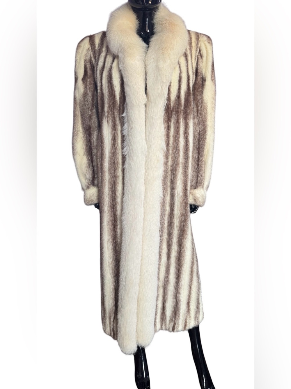 Cross mink fur coat black silver with white fox tuxedo